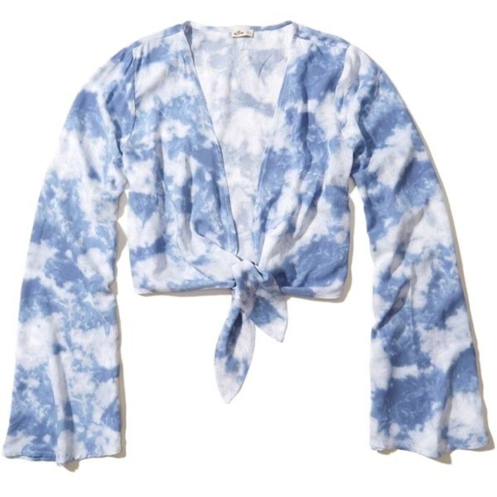 Hollister Bell Sleeve Deep V-neck Tie Front Blue Tie Dye Crop Top Size Medium
